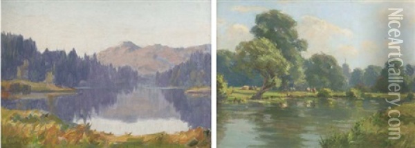 Summer On The River (+ Lake Landscape; 2 Works) Oil Painting - Augustus William Enness
