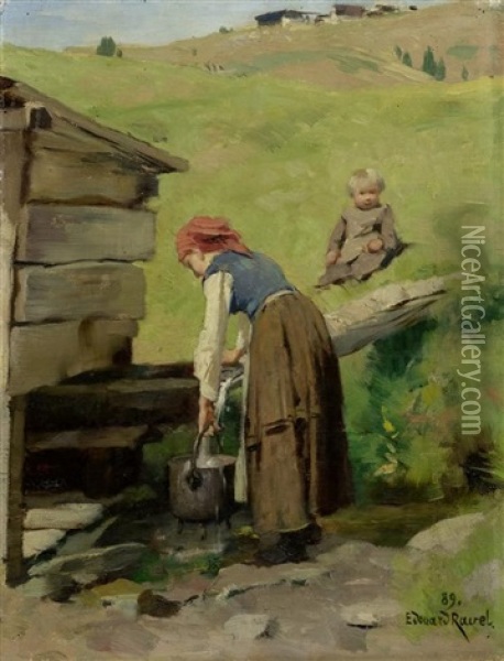 Mutter Mit Kind Am Brunnen Oil Painting - Edouard John E. Ravel