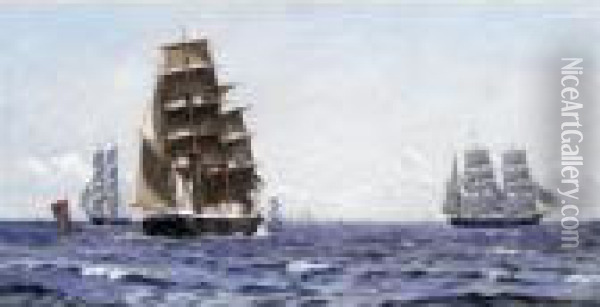 Sailing Ships In Choppy Water Oil Painting - Christian Vigilius Blache