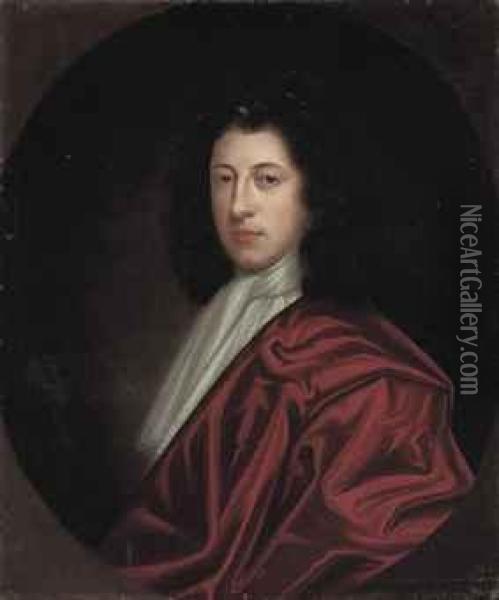 Portrait Of A Gentleman, 
Half-length, In A Red Coat And White Silkscarf, In A Feigned Oval Oil Painting - Sir Godfrey Kneller