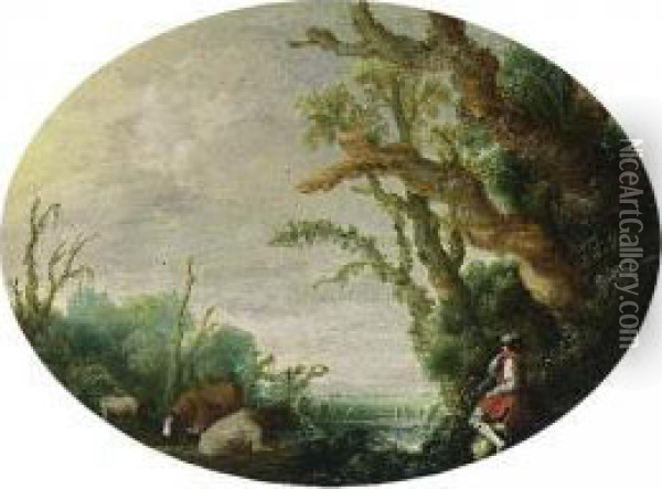 A Wooded Landscape With A Shepherd Tending His Herd At The Edge Of A Wood Oil Painting - Jacob van Geel