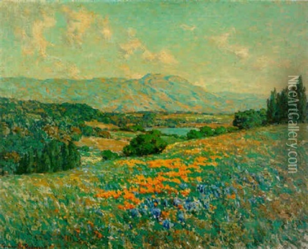 A California Landscape With Poppies And Lupine Oil Painting - Granville S. Redmond