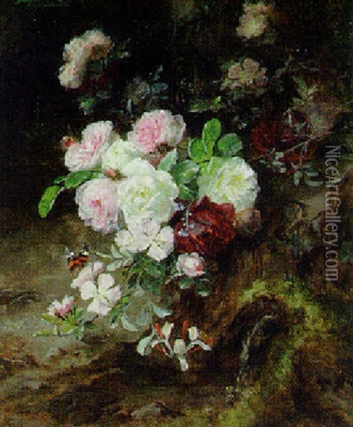 Floral Still Life Of Roses Oil Painting - Franz Xaver Birkinger