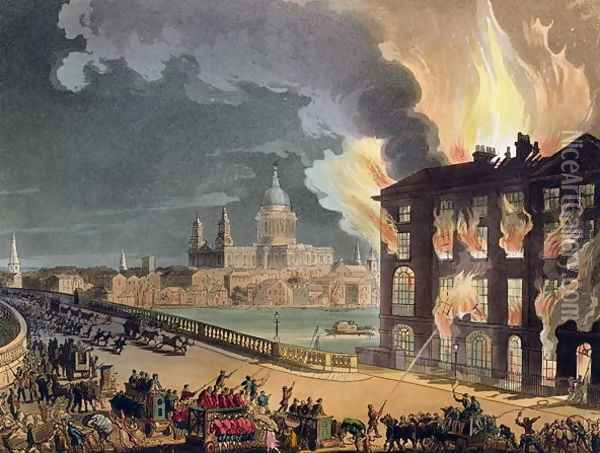 Fire at Albion Mill, Blackfriars Bridge, from Ackermanns Microcosm of London c.1808-11 Oil Painting - T. Rowlandson & A.C. Pugin