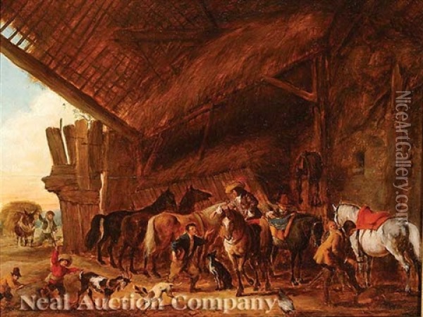Scene In A Horse Stable Oil Painting - Heinrich Buerkel
