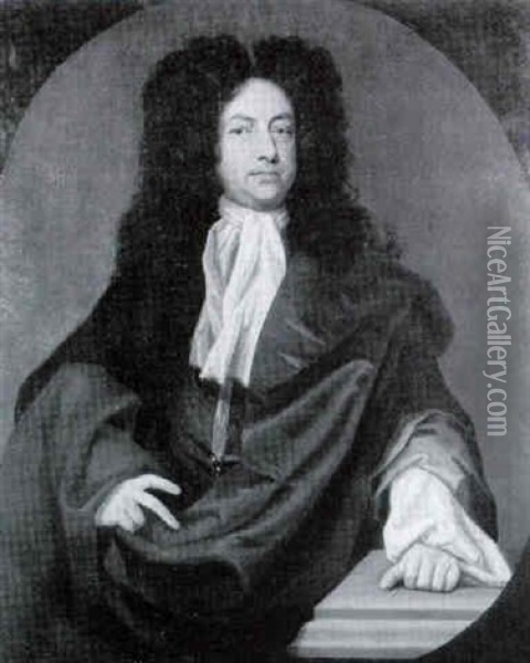 A Portait Of A Gentleman (the Earl Of Rochester?), Wearing A Grey Costume And Brown Velvet Cloak And White Cravat Oil Painting - John Baptist Closterman
