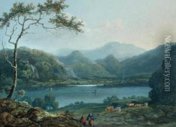 Lakelandlandscape With Walkers 
And Cattle Gouache 30 X 40cm Provenance:private Collection Oil Painting - John Laporte