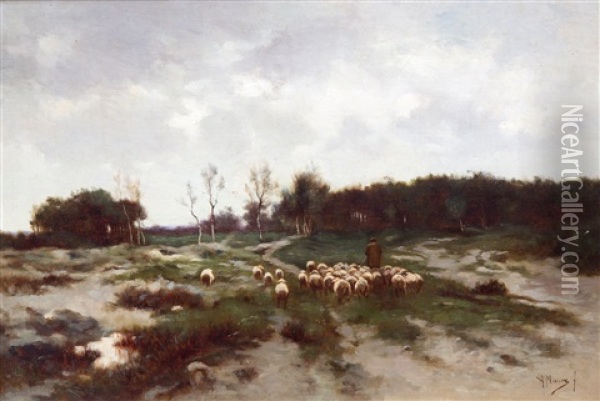 A Shepherd With Sheep On The Moorlands In Laren Oil Painting - Anton Mauve