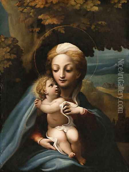 The Madonna and Child in a Landscape Oil Painting - School Of Parma