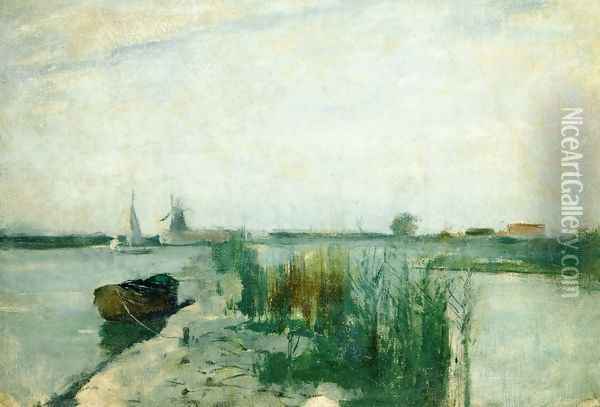 Scene Along A Dutch River Oil Painting - John Henry Twachtman