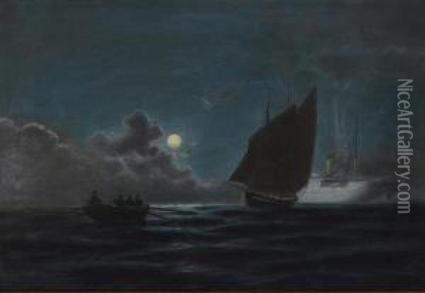 Ships By Moonlight Oil Painting - Emilios Prosalentis