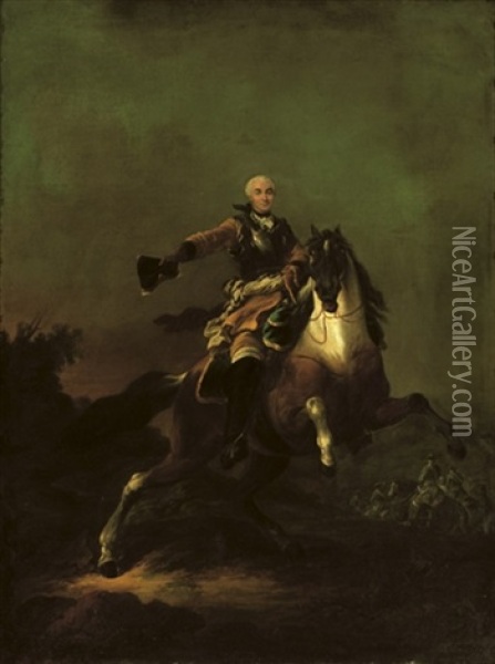 A Soldier In Armour And Ochre Coat, On A Rearing Horse In A Hilly Landscape, Cavalry Beyond (hermann Moritz, Count Of Saxony ?) Oil Painting - Francesco Giuseppe Casanova