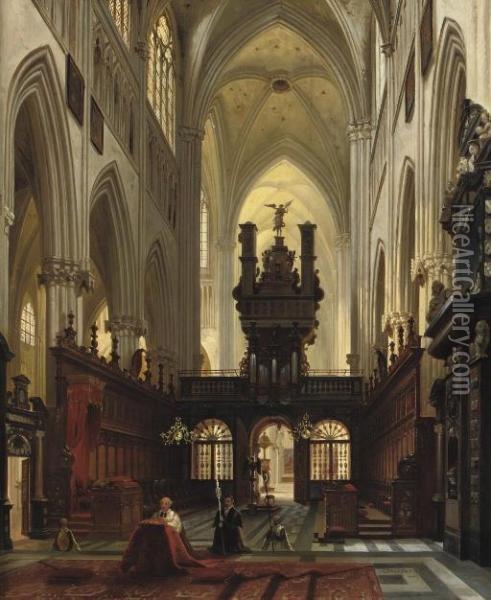 A Gothic Church Interior Oil Painting - Jules Victor Genisson