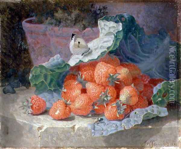 Strawberries in a Cabbage Leaf with a Flower Pot Behind, 1881 Oil Painting - Eloise Harriet Stannard