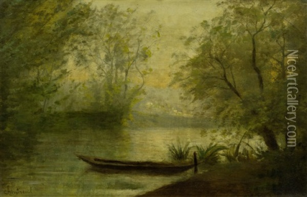River Landscape With A Boat By The Shore Oil Painting - Antoine Chintreuil