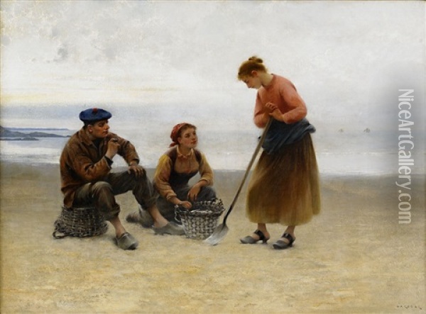 Musselplockerskor Pa Stranden Oil Painting - August Vilhelm Nikolaus Hagborg