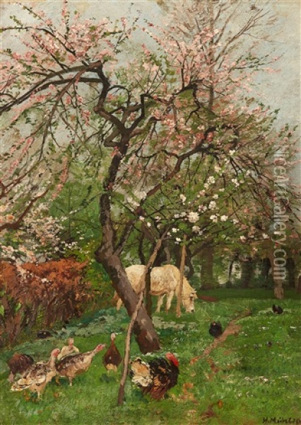 An Orchard In Bloom With Poultry And A Horse Oil Painting - Hugo Muehlig