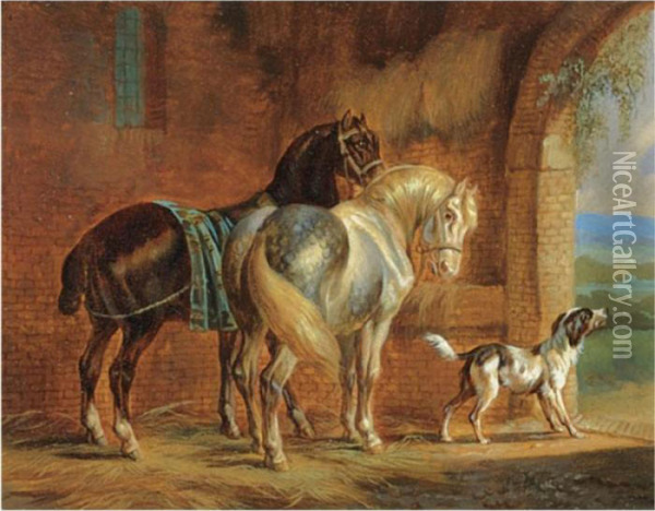 Horses In A Stable Oil Painting - Albertus Verhoesen