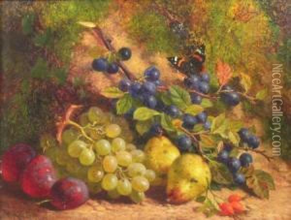 Still Life With Damsons, 
Whitegrapes, Plums, Pears And A Red Admiral Butterfly On A Mossy Oil Painting - William Hughes