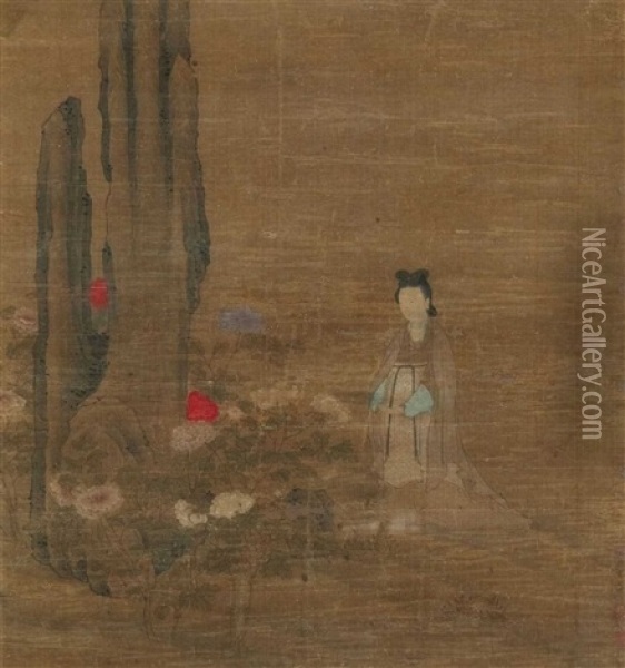 Eine Vornehme Dame Bei Der Betrachtung Von Rot Und Weis Bluhenden Strauchpaonien An Einem Hohen Gartenfelsen Oil Painting -  Qiu Ying