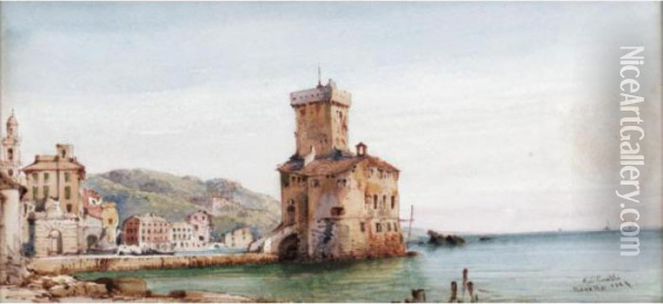 The Old Castle, Rapallo; A View Of Cairo; A View Above Cannes; The Ancient Ruins Oil Painting - Gabriele Carelli