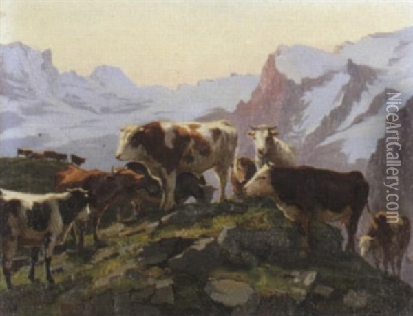 Kuhherde Auf Alp Bei Abendstimmung Oil Painting - Edouard-Louis-Auguste Metton