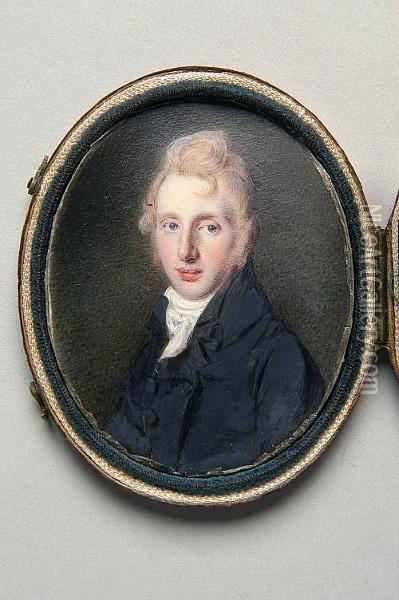 A Young Man With Fair Curling Hair And Blue Eyes, Wearing White Tied Stock And Black Coat Oil Painting - Samuel Lover