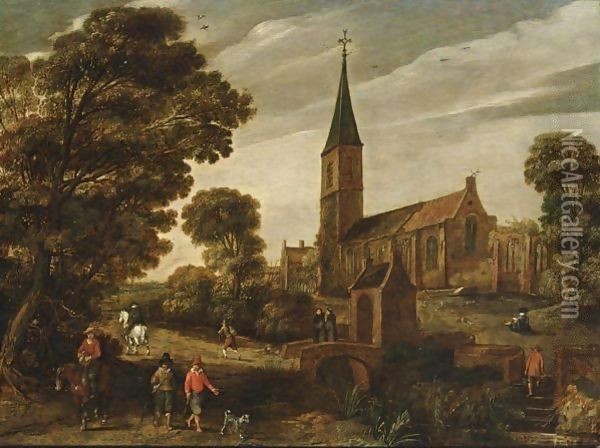 A Wooded Landscape With Figures Near A Church And Two Monks Conversing On A Stone Bridge Oil Painting - Esaias Van De Velde