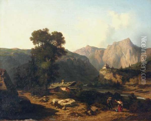 An Alpine Landscape With Figures By A Mountain Hut Oil Painting - Leonard Alexis Dalige de Fontenay