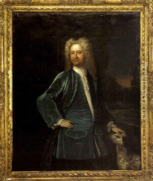 Portrait Of Ezekiel Wallis, In A Blue Coat And Waistcoat, A Dog By His Side Oil Painting - John Verelst