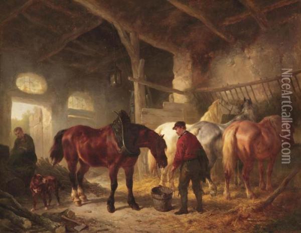 A Grey Horse And A Springer Spaniel In A Stable Interior Oil Painting - Wouterus Verschuur