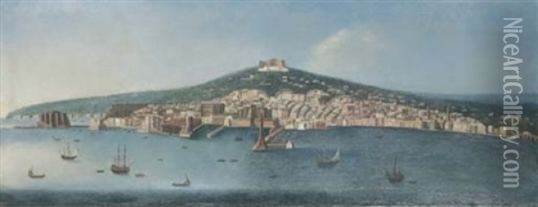 Napoli Dal Mare, Con La Lanterna Del Molo E La Collina Del Vomero Oil Painting - Pietro Antoniani