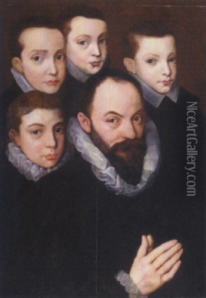 A Family Portrait Of A Gentleman And His Four Sons All Wearing Black With White Ruffs Oil Painting - Pieter Jansz Pourbus