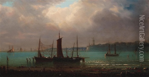 Fishing Boats In A Bay, Possibly Off Mendocino Oil Painting - Norton Bush