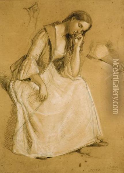 Study Of A Seated Girl Oil Painting - Charles West Cope