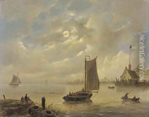 Approaching a harbour town by moonlight Oil Painting - Govert Van Emmerik
