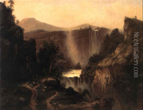 Extensive Landscape With A Waterfall And Peasants With Goats Oil Painting - Ferdinand Bellermann
