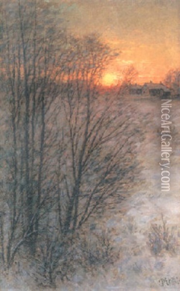 Vinterlandskap I Solnedgang Oil Painting - Per Ekstroem