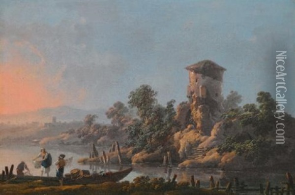 A River Landscape With A Ruined Tower And Fishermen With Their Nets In The Foreground Oil Painting - Jean Baptiste Pillement