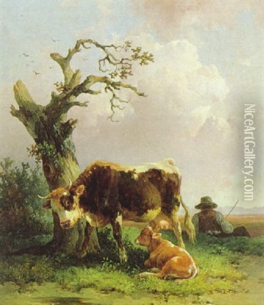 Weideidylle Vor Einer Weiten Landschaft Oil Painting - Edmund Mahlknecht