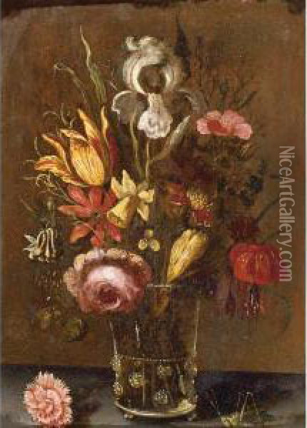 Still Life With An Iris, A 
Tulip, A Rose And Other Flowers In A Glass Vase, Resting On A Ledge With
 A Grasshopper Oil Painting - Balthasar Van Der Ast