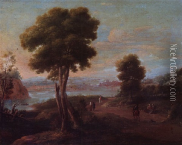 An Italianate Landscape With Figures On A Track, A Lake Beyond Oil Painting - Hendrick Frans van Lint