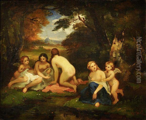 Trois Baigneuses Avec Deux Amours Oil Painting - Narcisse-Virgile D Az De La Pena