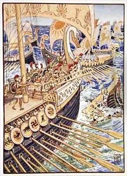 Ship dashed against ship till the Persian dead strewed the deep like flowers Oil Painting - Walter Crane