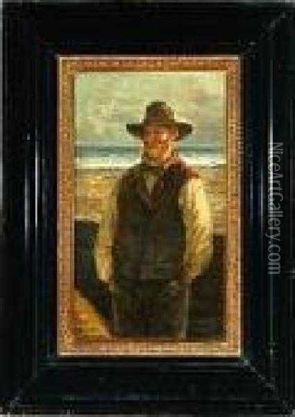 A Fisherman Standing On A Beach With His Hands In The Pockets Oil Painting - Olaf Simony Jensen