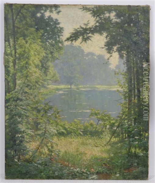 Een Meer In Boomrijk Landschap / A Summer's Day On The Lake Oil Painting - Henri Biva