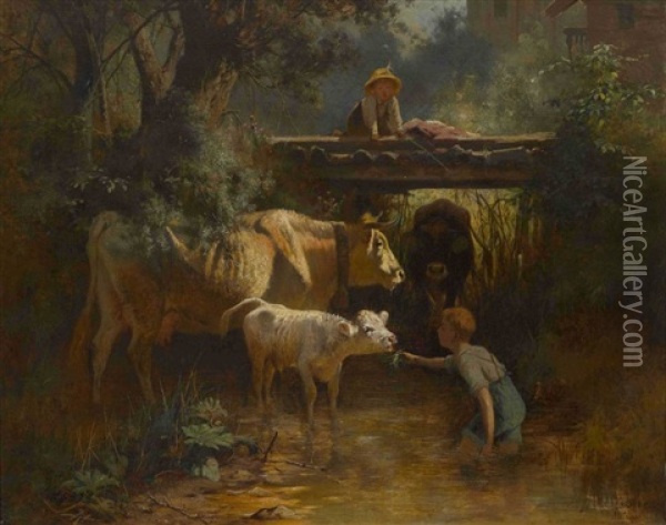 Kinder Mit Rindern Am Dorfbach Oil Painting - Otto Friedrich Gebler