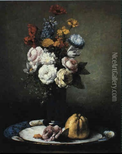 Vase De Fleurs Oil Painting - Germain Theodore Ribot
