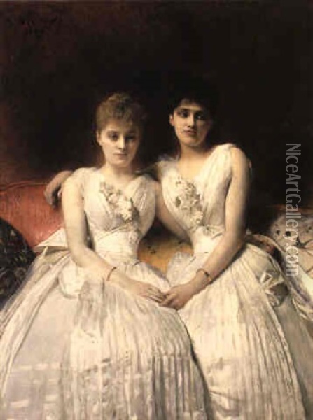 A Portrait Of Marthe And Therese Galoppe Oil Painting - Leon Bonnat