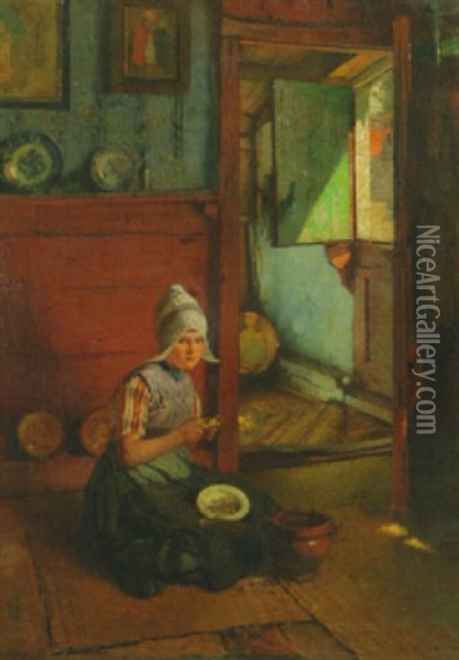 A Girl Peeling Potatoes In A Kitchen, Volendam Oil Painting - Rudolf Gudden